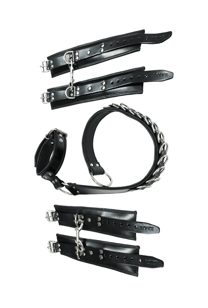 Bondage Hogtie Kit - Adjustable Padded Collar and Handcuffs – Leather