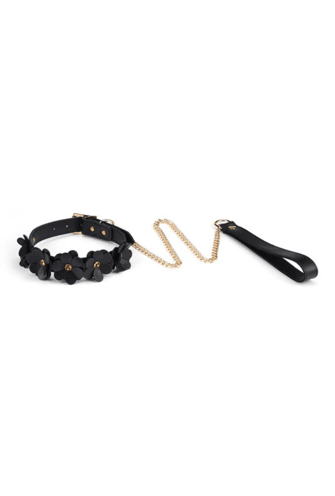 Onderwerpingshalsband in leer met riem - Flower Rhythm