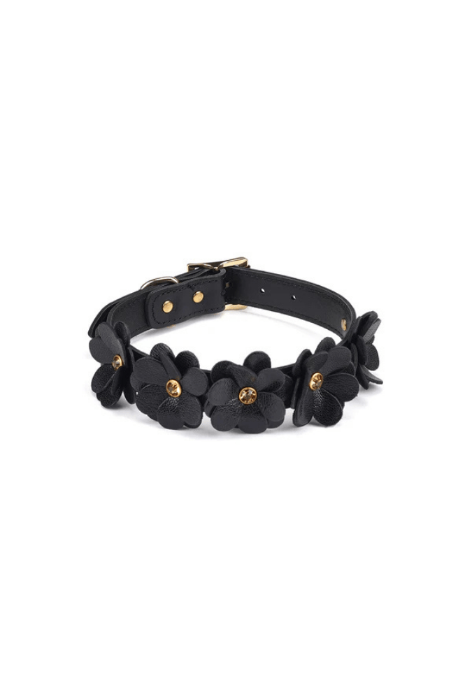 Onderwerpingshalsband in leer met riem - Flower Rhythm
